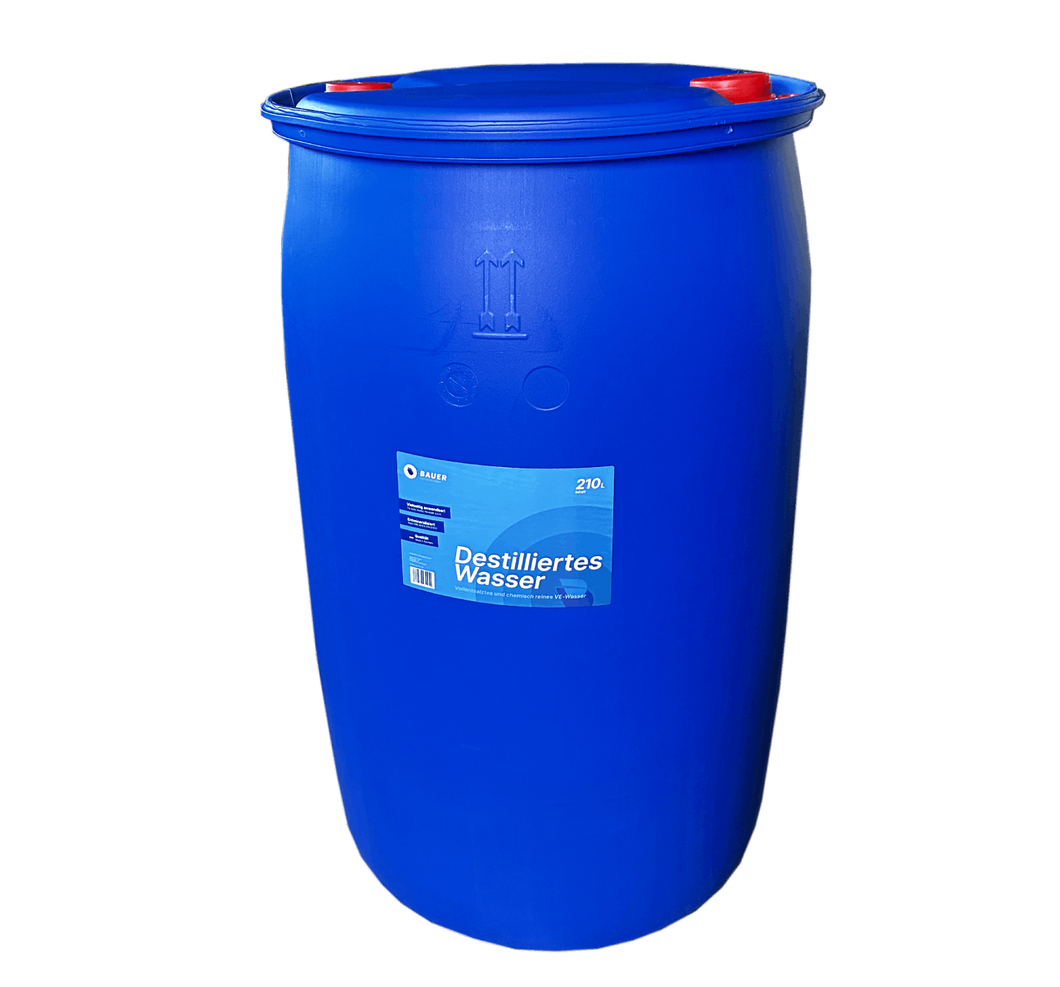 Bauer Blue - Distilled / Demineralized Water - 210L Plastic Barrel - Demineralized according to VDE 0510 & DIN57510